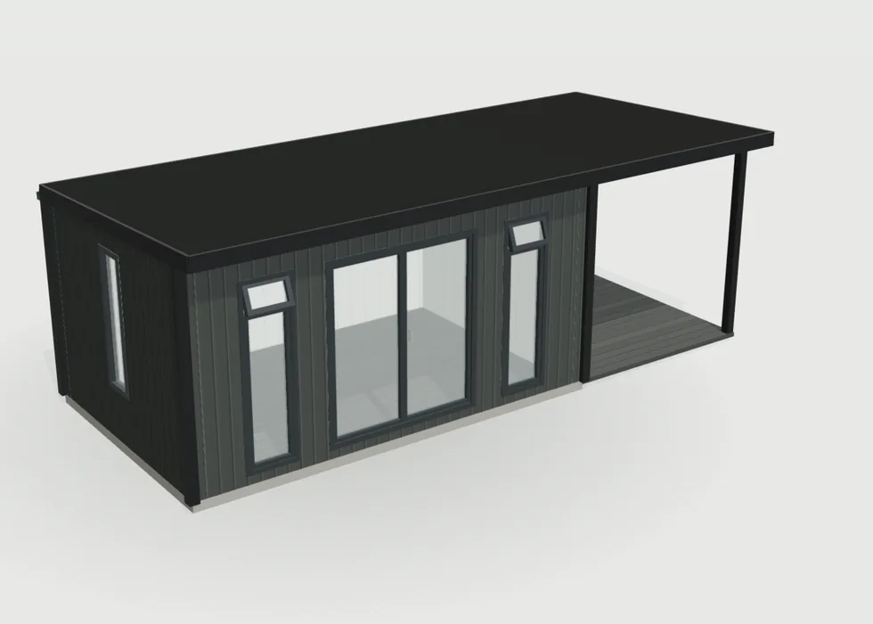 Charcoal composite Noah garden room with an 8ft open side canopy over decking on its right