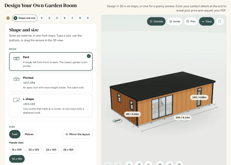 Configurator step 2, Shape and size: pent, pitched and L-shape roofs, each with its price, and popular annexe sizes