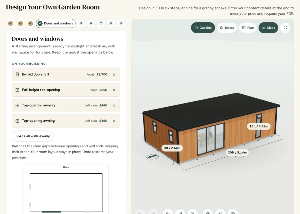 Configurator step 4, Doors and windows: bi-fold doors and top-opening windows, each listed with its wall and its price