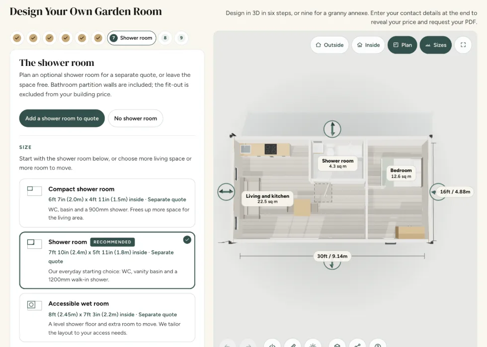Configurator step 7, Shower room: compact, standard and accessible layouts, each quoted separately