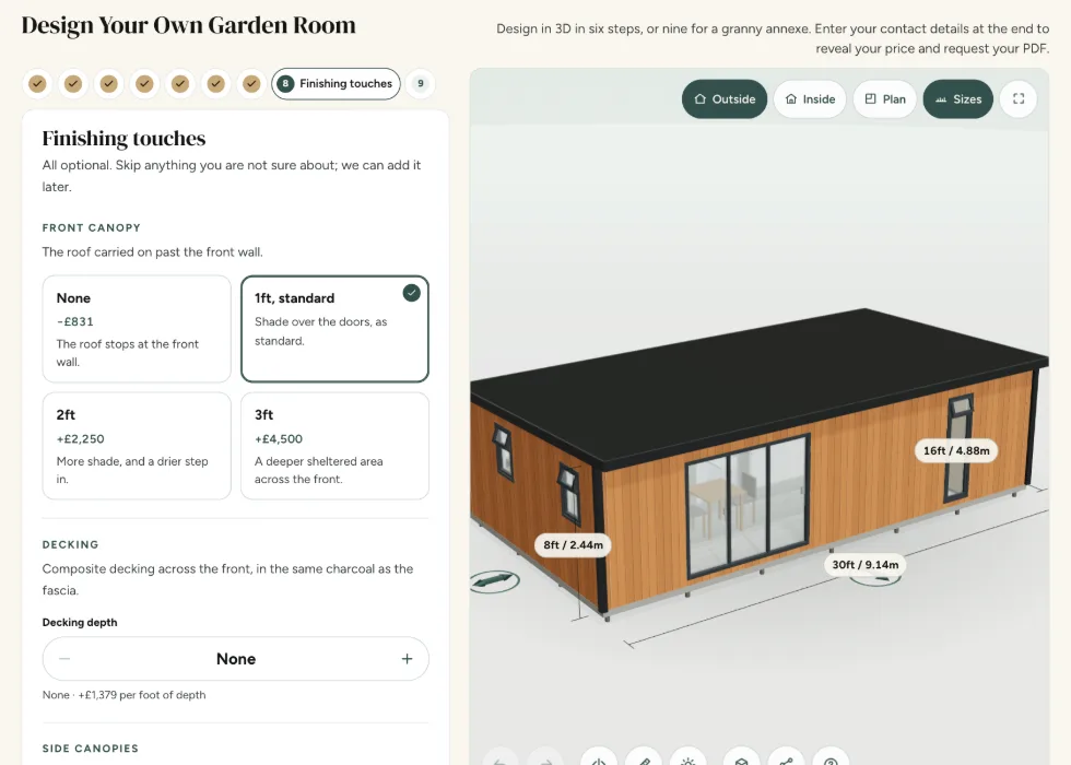 Configurator step 8, Finishing touches: front canopy depths and composite decking, each priced as it is added