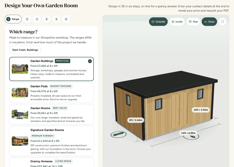 Configurator step 1, Range: Garden Buildings selected from the five ranges, with a 16 by 10ft timber building in the 3D view