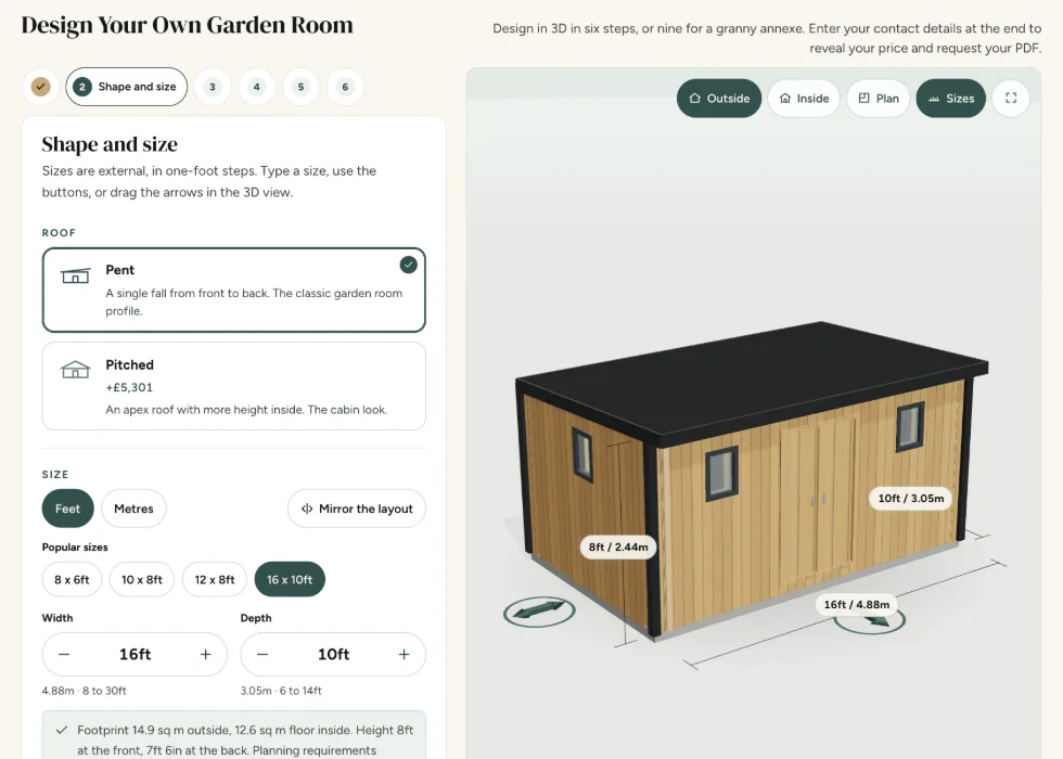 Configurator step 2, Shape and size: pent or pitched roof, popular sizes and the width and depth controls for a Garden Building