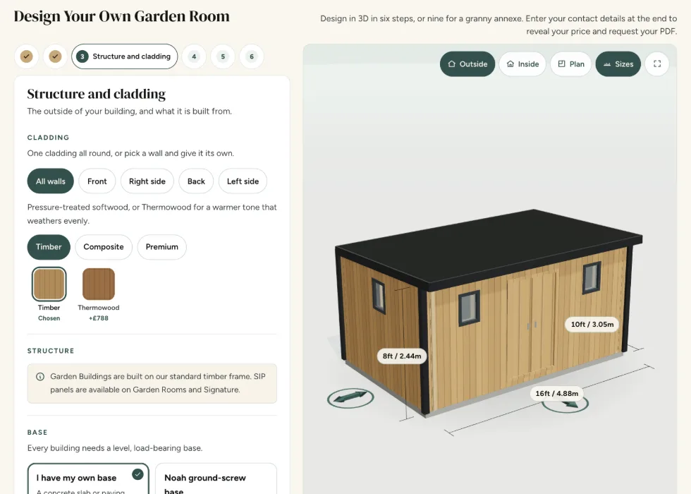 Configurator step 3, Structure and cladding: timber or Thermowood cladding and the choice of base for a Garden Building