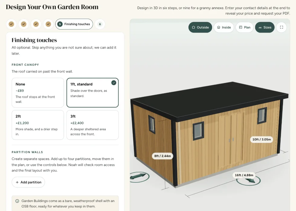 Configurator step 5, Finishing touches: front canopy depths and partition walls, each priced as it is added