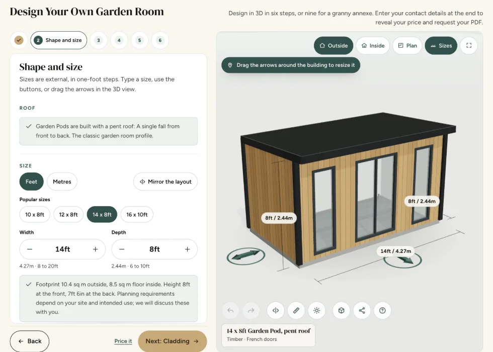Configurator step 2, Shape and size: the pent roof, popular pod sizes and the width and depth controls for a Garden Pod