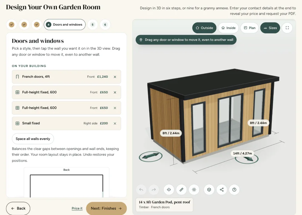 Configurator step 4, Doors and windows: French doors and fixed windows, each listed with its wall and its price