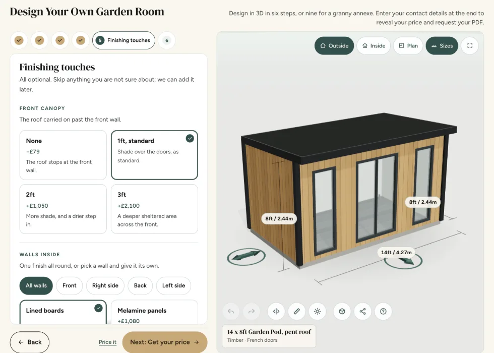 Configurator step 5, Finishing touches: front canopy depths and inside wall finishes, each with its price
