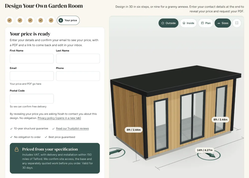 Configurator step 6, Your price: the contact details that reveal the price of your Garden Pod design
