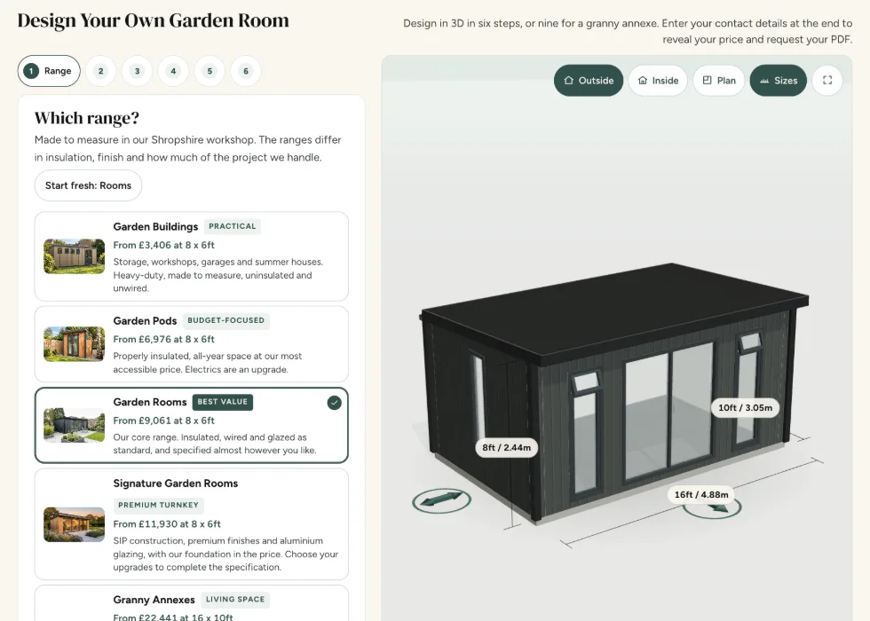 Configurator step 1, Range: Garden Rooms selected from the five ranges, with a 16 by 10ft charcoal composite room in the 3D view