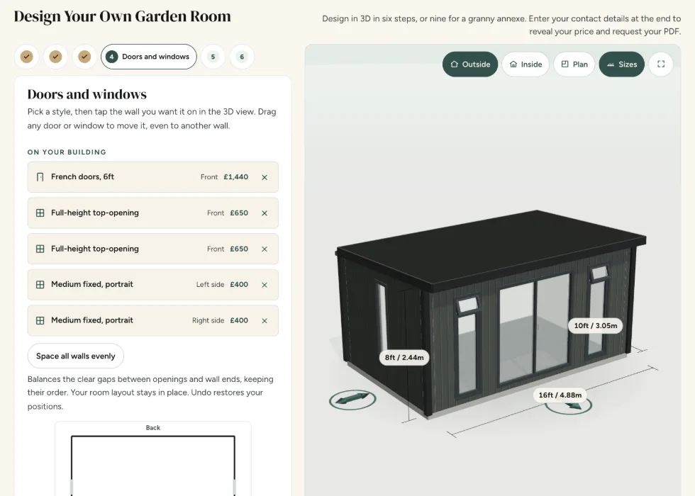 Configurator step 4, Doors and windows: French doors with full-height and fixed windows, each listed with its wall and its price