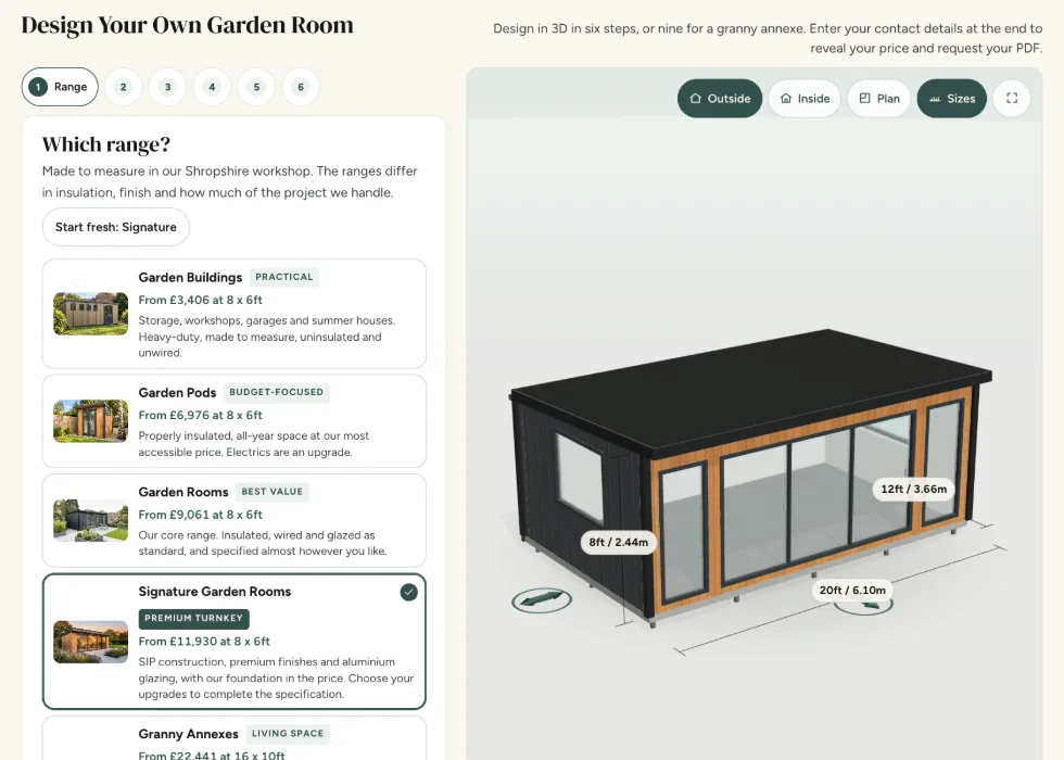 Configurator step 1, Range: Signature Garden Rooms selected from the five ranges, with a 20 by 12ft cedar-fronted room in the 3D view