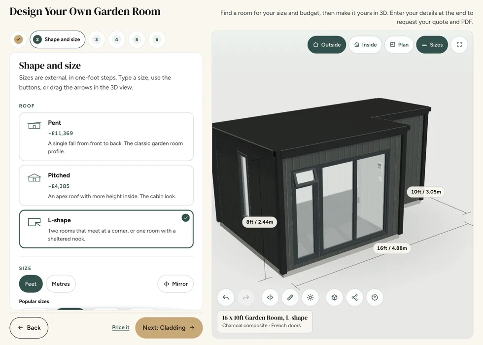 Configurator step 2, Shape and size: an L-shaped roof chosen on a 16 by 10ft Garden Room, shown in the 3D view