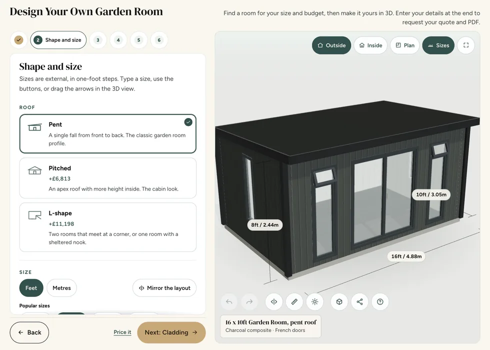 Configurator step 2, Shape and size: a pent roof chosen on a 16 by 10ft Garden Room, with the pitched and L-shape prices beside it