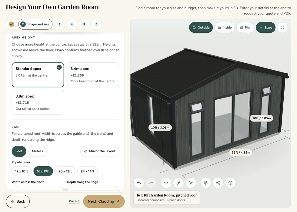 Configurator step 2, Shape and size: the standard, 3.4m and 3.8m apex heights for a pitched 16 by 10ft Garden Room, each with its price