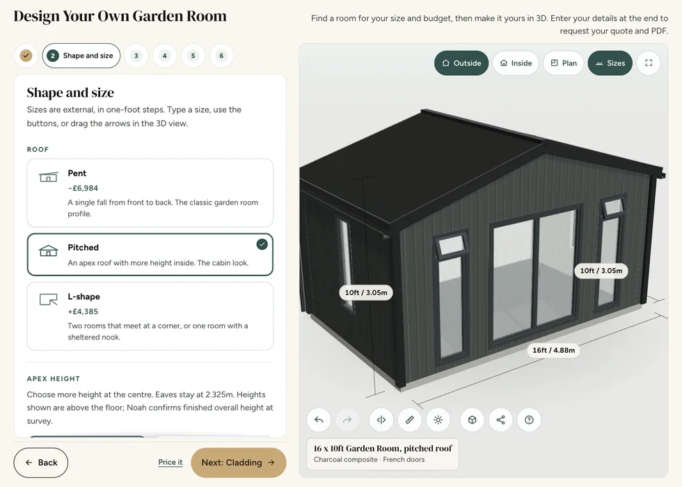 Configurator step 2, Shape and size: pent, pitched and L-shape roofs, each with its price, with pitched chosen on a 16 by 10ft Garden Room