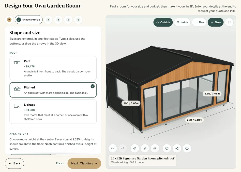 Configurator step 2, Shape and size: pent, pitched and L-shape roofs, each showing how it changes the price