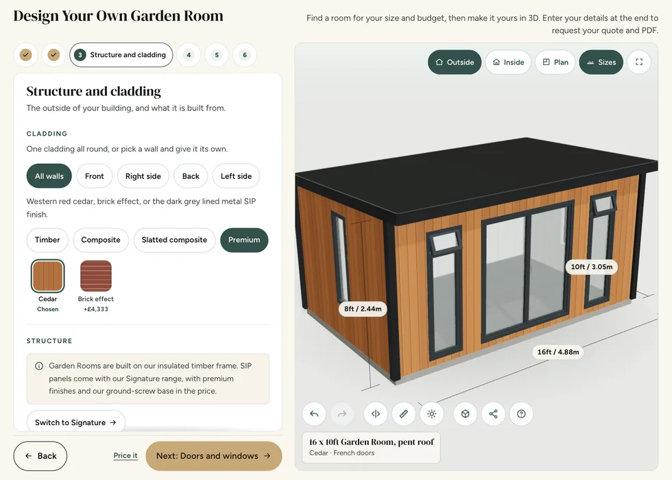 Configurator step 3, Structure and cladding: western red cedar chosen for every wall of a 16 by 10ft Garden Room, shown in the 3D view