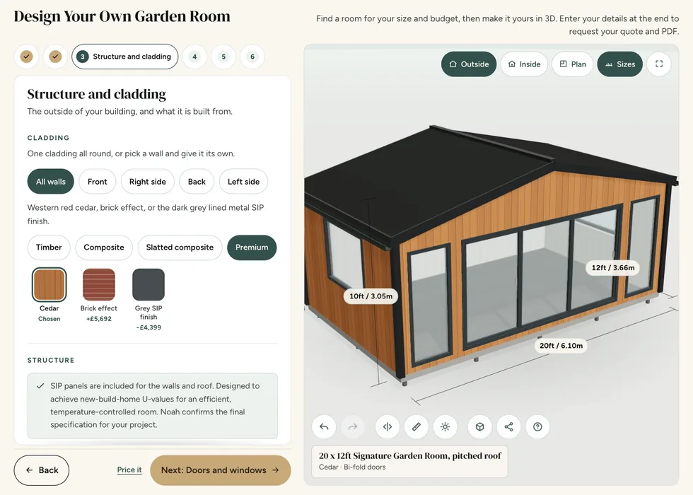 Configurator step 3, Structure and cladding: cladding swatches with their prices, shown on a cedar-clad building