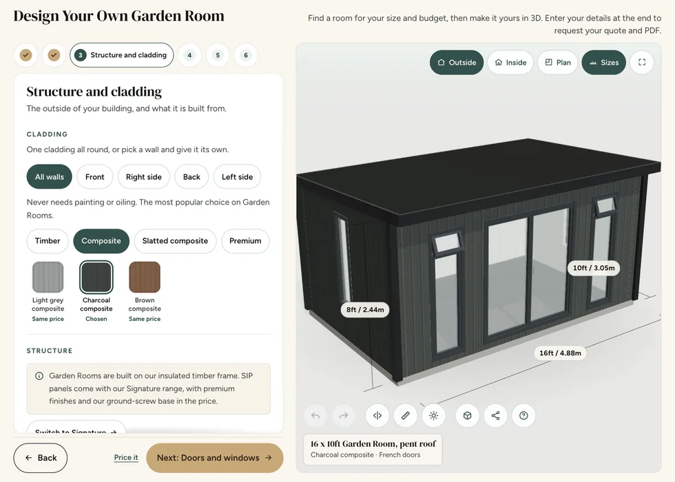 Configurator step 3, Structure and cladding: charcoal, light grey and brown composite cladding, all the same price, with charcoal chosen
