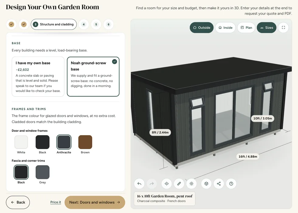 Configurator step 3, Structure and cladding: the base choice: your own base, or the Noah ground-screw base, each with its price