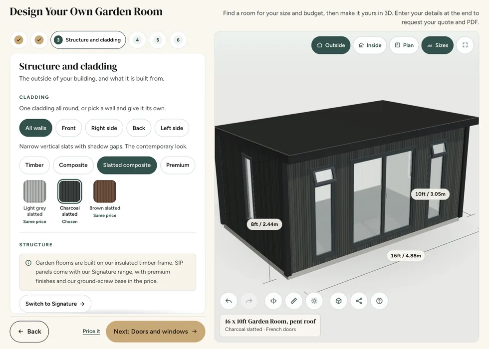 Configurator step 3, Structure and cladding: charcoal slatted composite chosen, with light grey and brown slatted at the same price