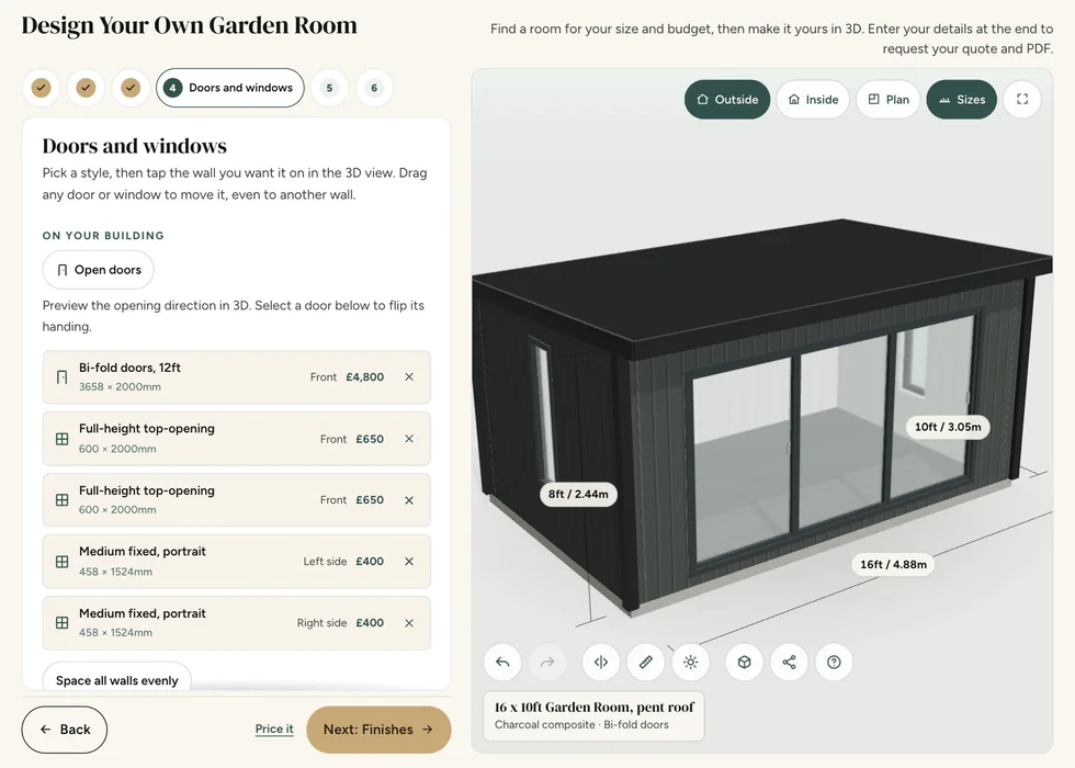 Configurator step 4, Doors and windows: 12ft bi-fold doors on the front of a 16 by 10ft charcoal composite Garden Room, listed with their price