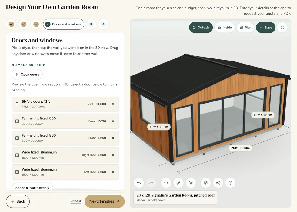 Configurator step 4, Doors and windows: each door and window listed with its wall and its price