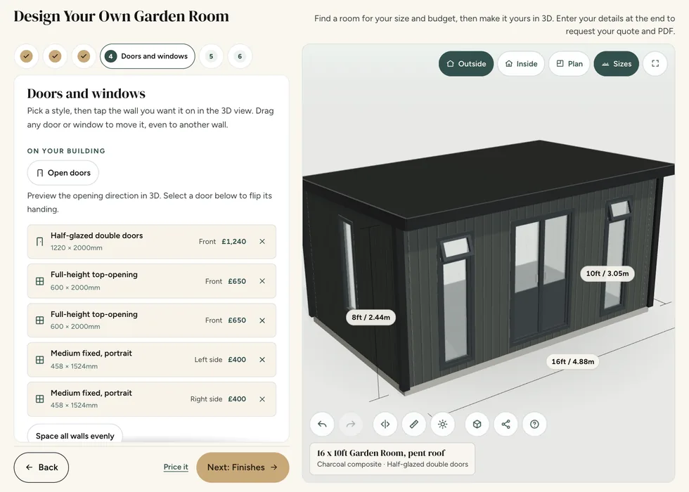 Configurator step 4, Doors and windows: half-glazed double doors on the front of a 16 by 10ft charcoal composite Garden Room, listed with their price