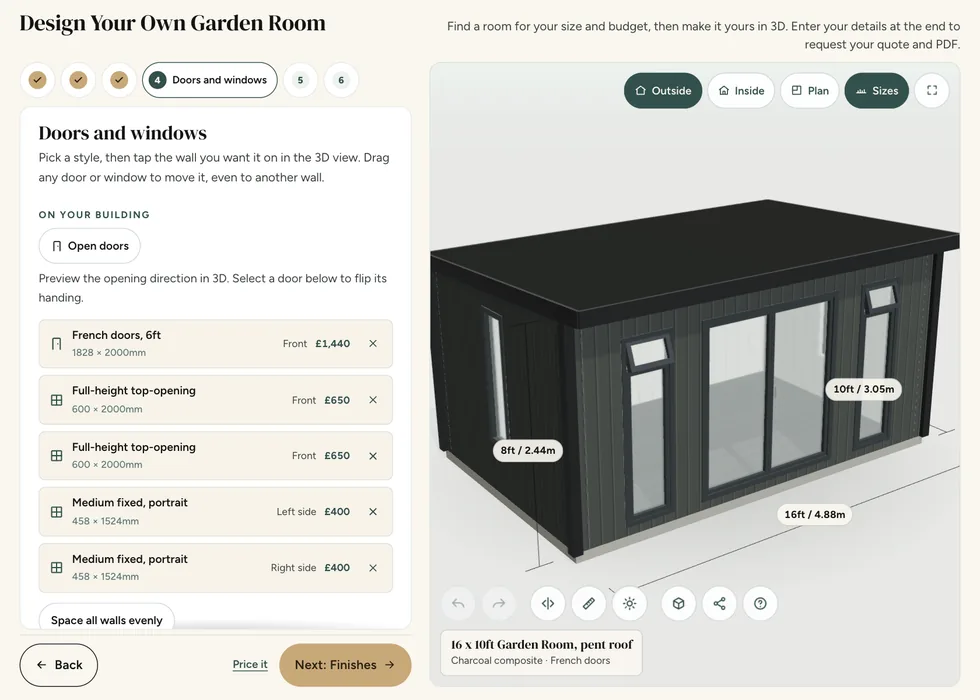 Configurator step 4, Doors and windows: a 6ft pair of French doors on the front of a 16 by 10ft charcoal composite Garden Room, listed with its price