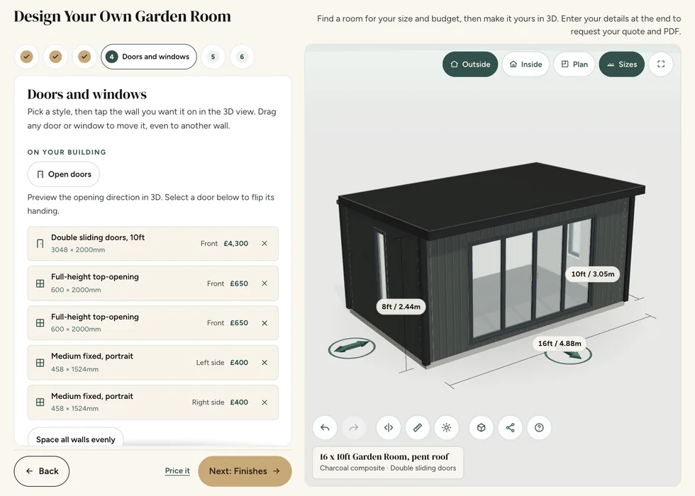 Configurator step 4, Doors and windows: 10ft double sliding doors on the front of a 16 by 10ft charcoal composite Garden Room, listed with their price