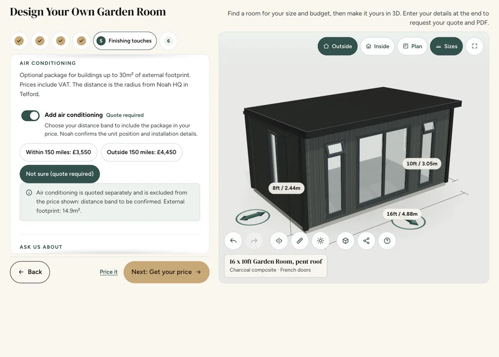 Configurator step 5, Finishing touches: air conditioning added, with its package prices within and outside 150 miles