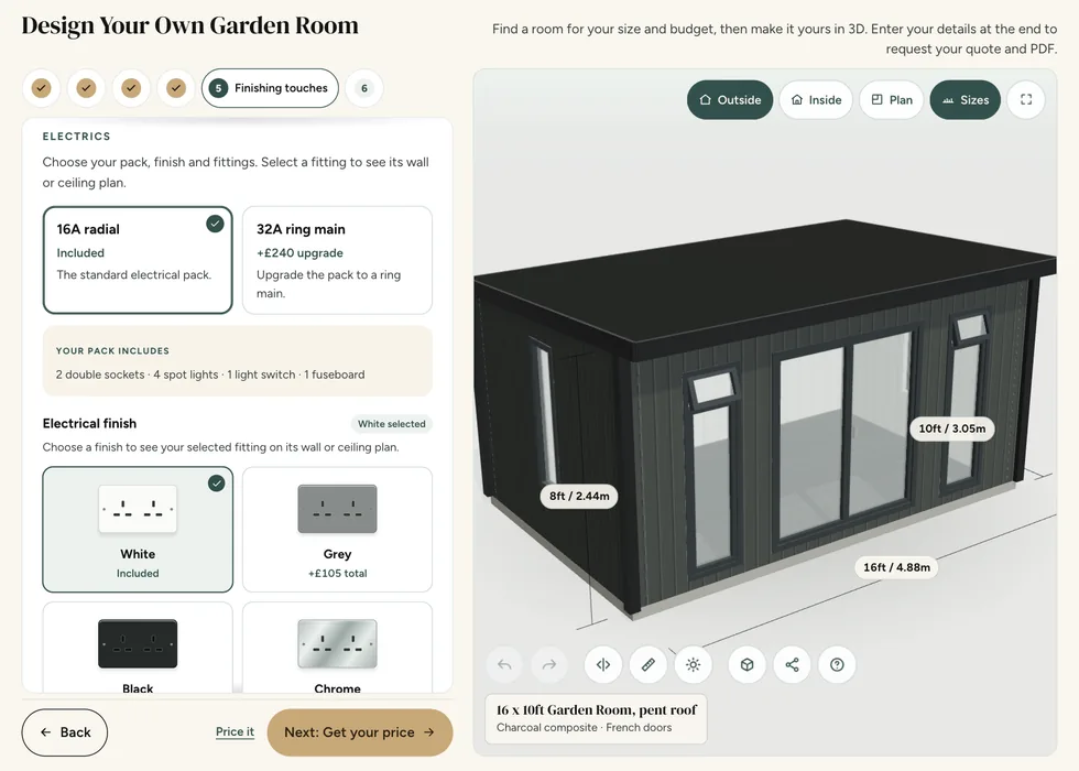 Configurator step 5, Finishing touches: the standard 16A electrics included, the 32A upgrade and the choice of fitting finish