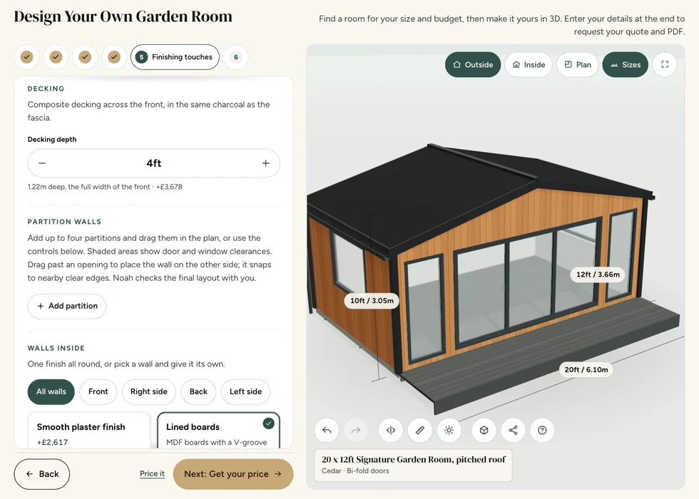 Configurator step 5, Finishing touches: decking depth and inside options, each priced as it is added, with the decking on the 3D model