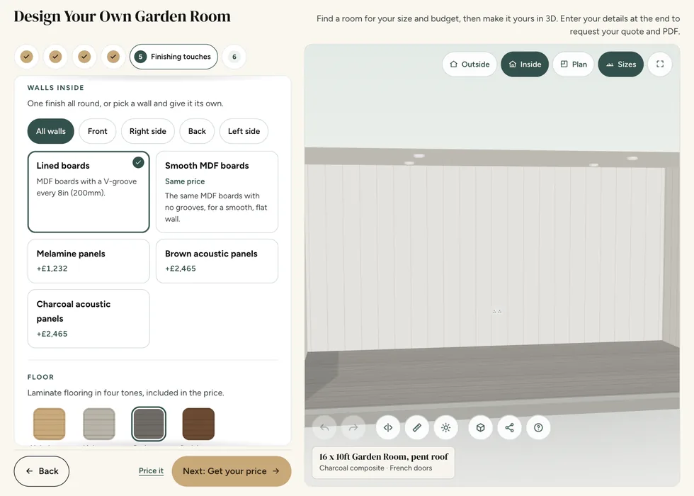 Configurator step 5, Finishing touches: lined MDF boards chosen, smooth MDF at the same price, and melamine and acoustic panels with their prices, in the inside view