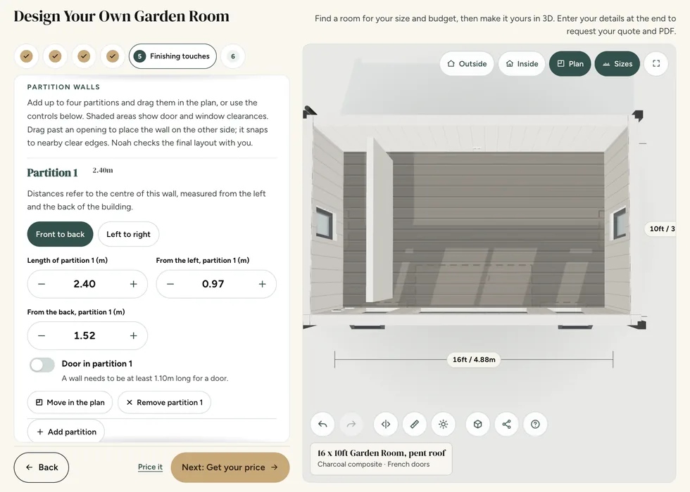 Configurator step 5, Finishing touches: a partition wall placed in the plan view, with its length and position controls
