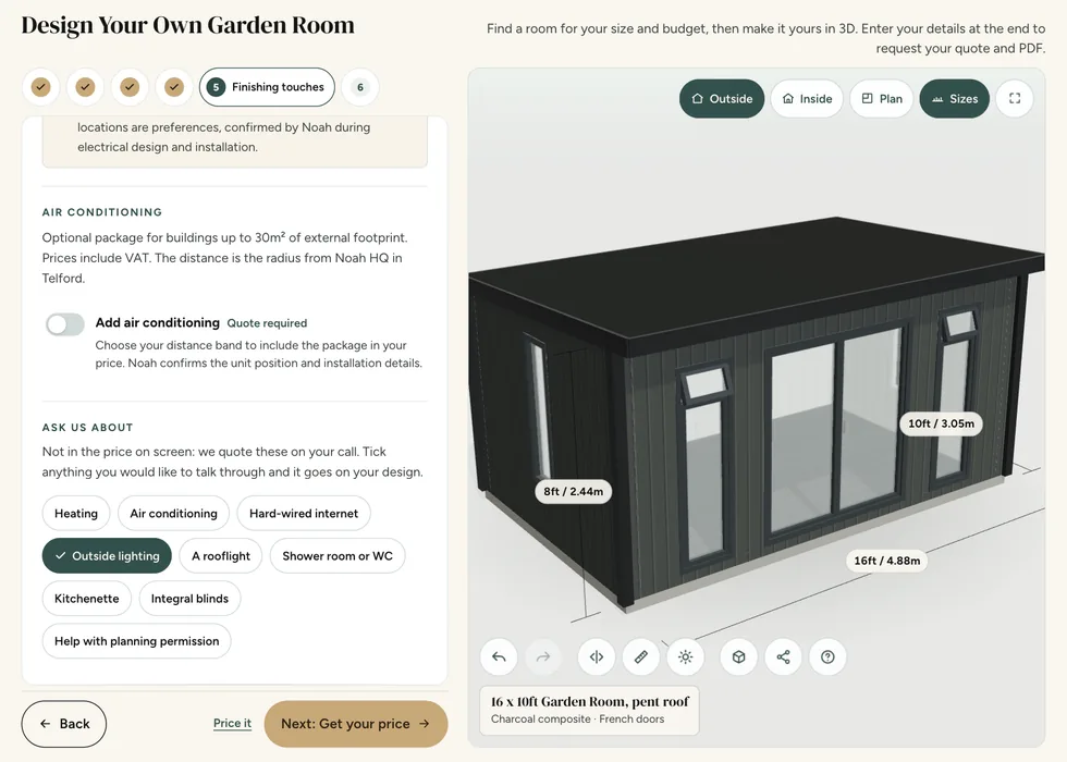 Configurator step 5, Finishing touches: outside lighting ticked under Ask us about