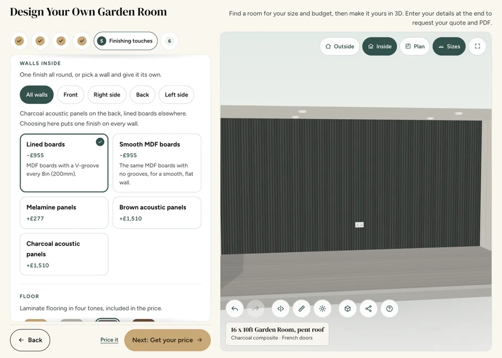 Configurator step 5, Finishing touches: charcoal acoustic panels on the back wall of a Garden Room, shown in the inside view