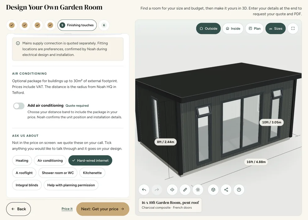 Configurator step 5, Finishing touches: hard-wired internet ticked under Ask us about