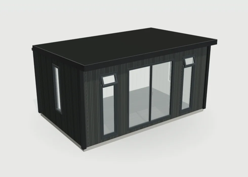 Configurator view of a 16 by 10ft garden room clad in charcoal slatted composite