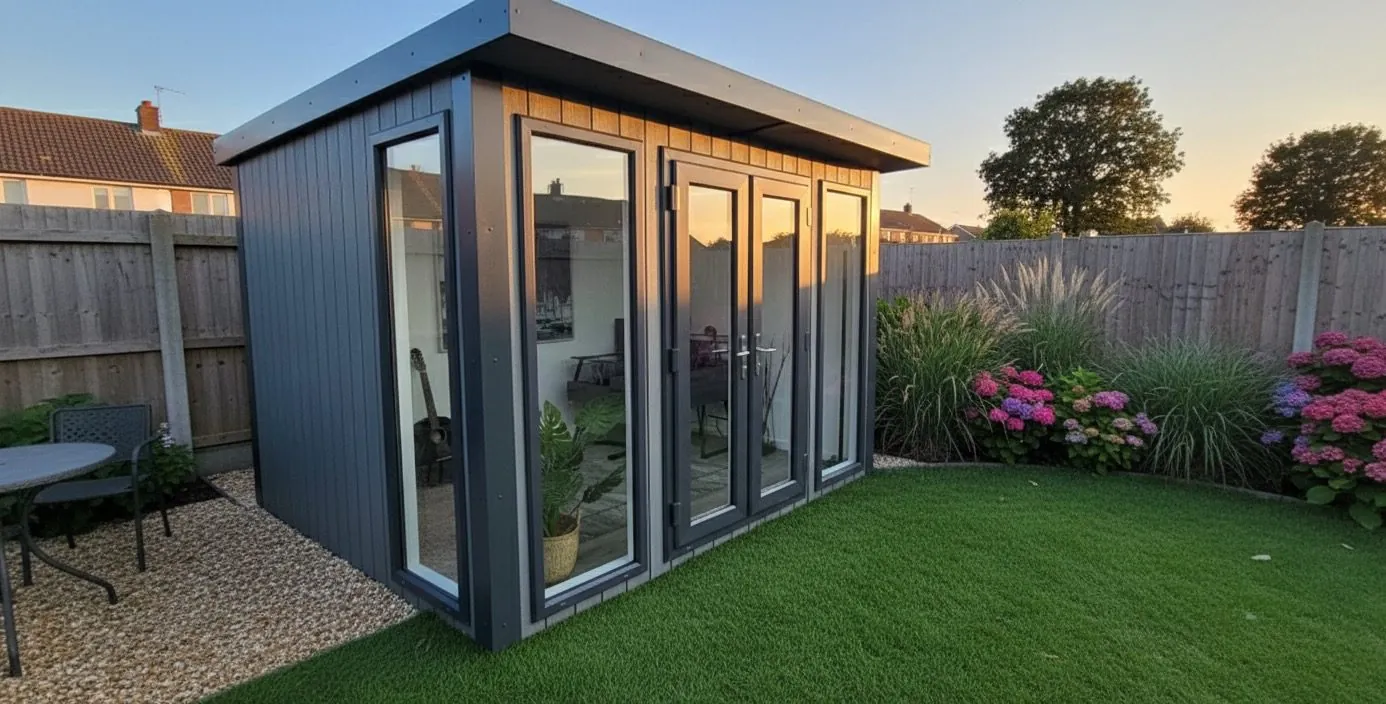 Composite garden room with full-height glazing in a planted garden at sunset