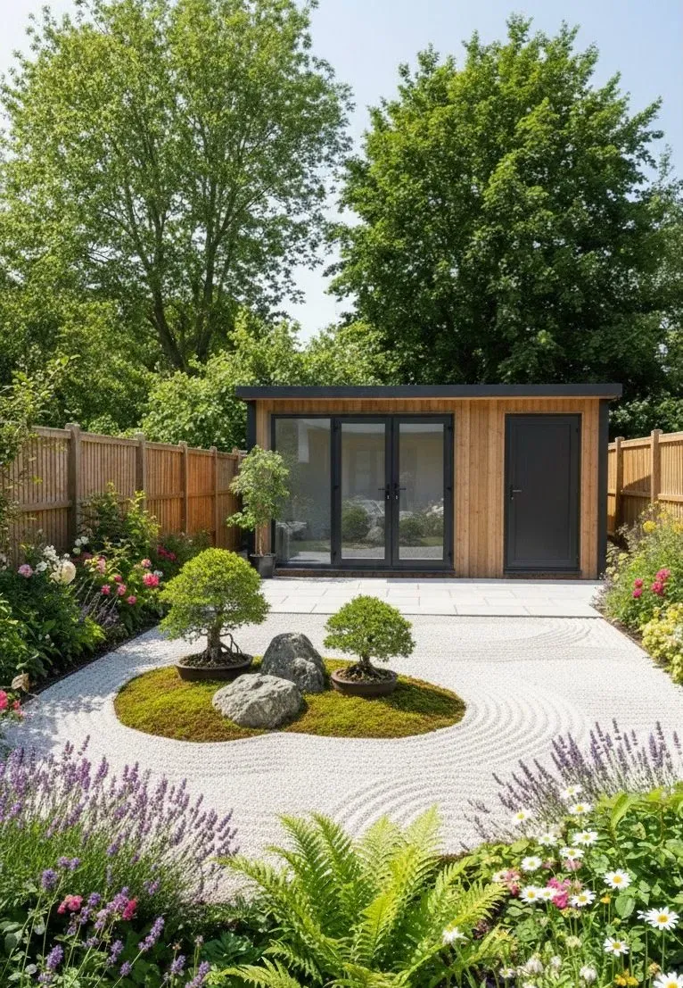 Garden room overlooking a raked gravel garden with clipped trees