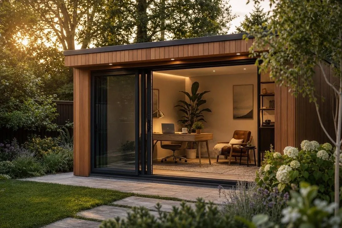 Cedar-clad luxury garden room lit up inside, with its doors open onto a patio