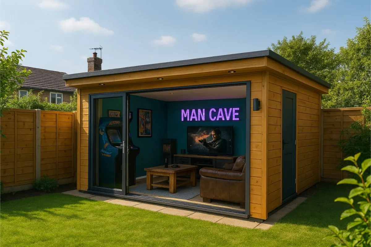 Timber garden room fitted out as a den, with a neon man cave sign, a television and sofas