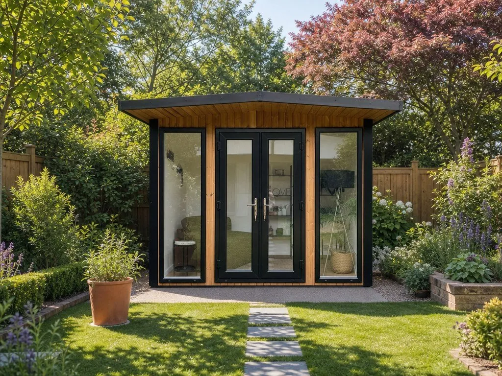 Timber-clad garden office pod with black framed doors and windows in a planted garden