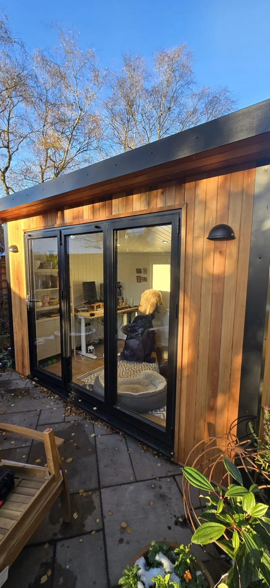 Cedar-clad Noah garden office viewed from the patio in Birmingham