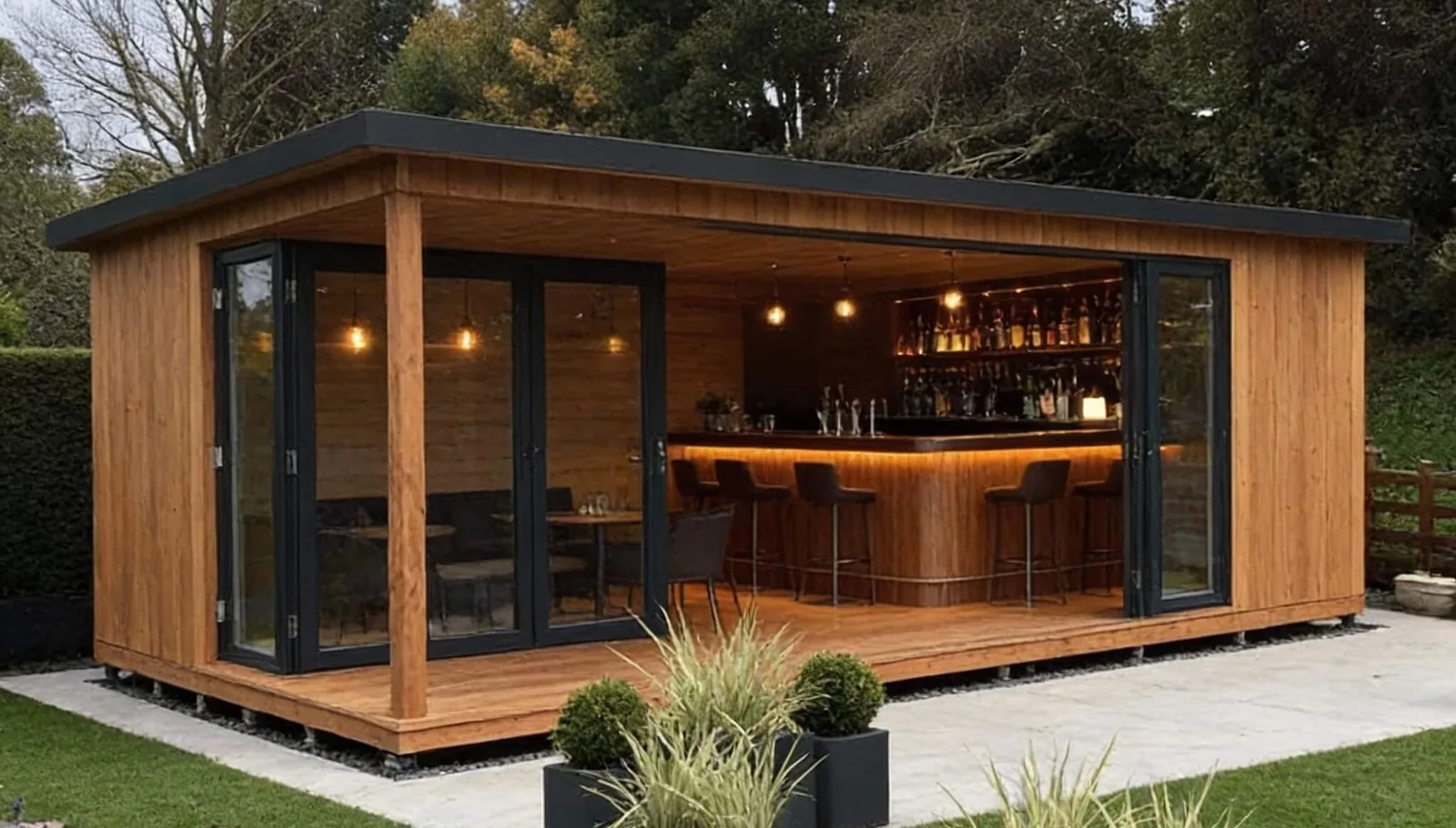Cedar-clad garden room fitted out as a bar, lit up in the evening, with stools at the counter