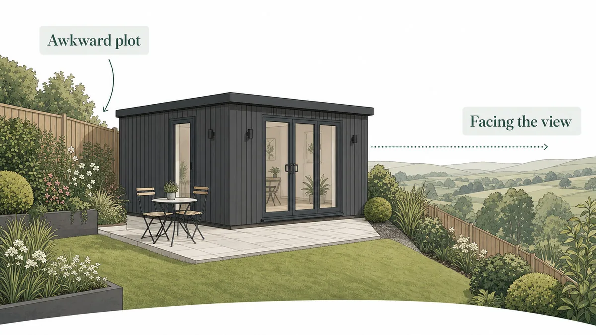 A garden room on a sloping plot, turned so its doors face the view across the garden.