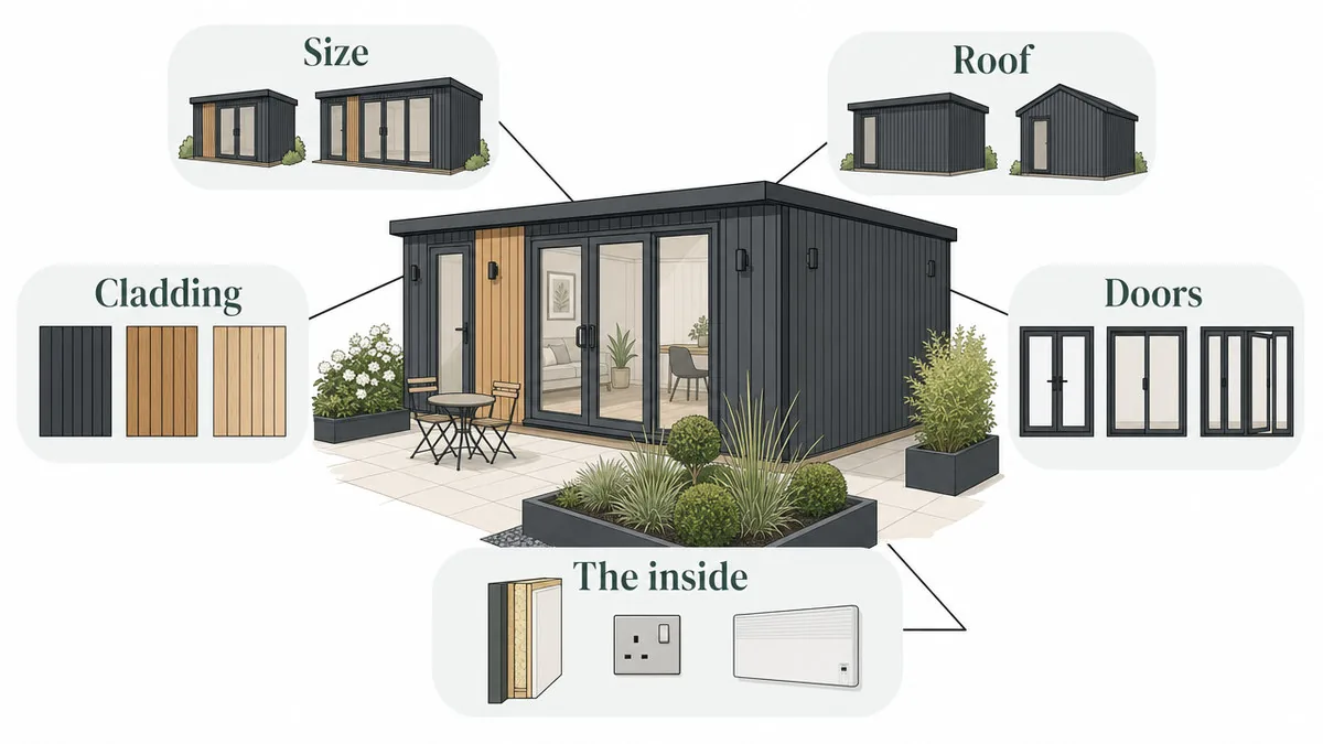 A garden room with five choices fanning out from it: size, roof, cladding, doors and the inside.