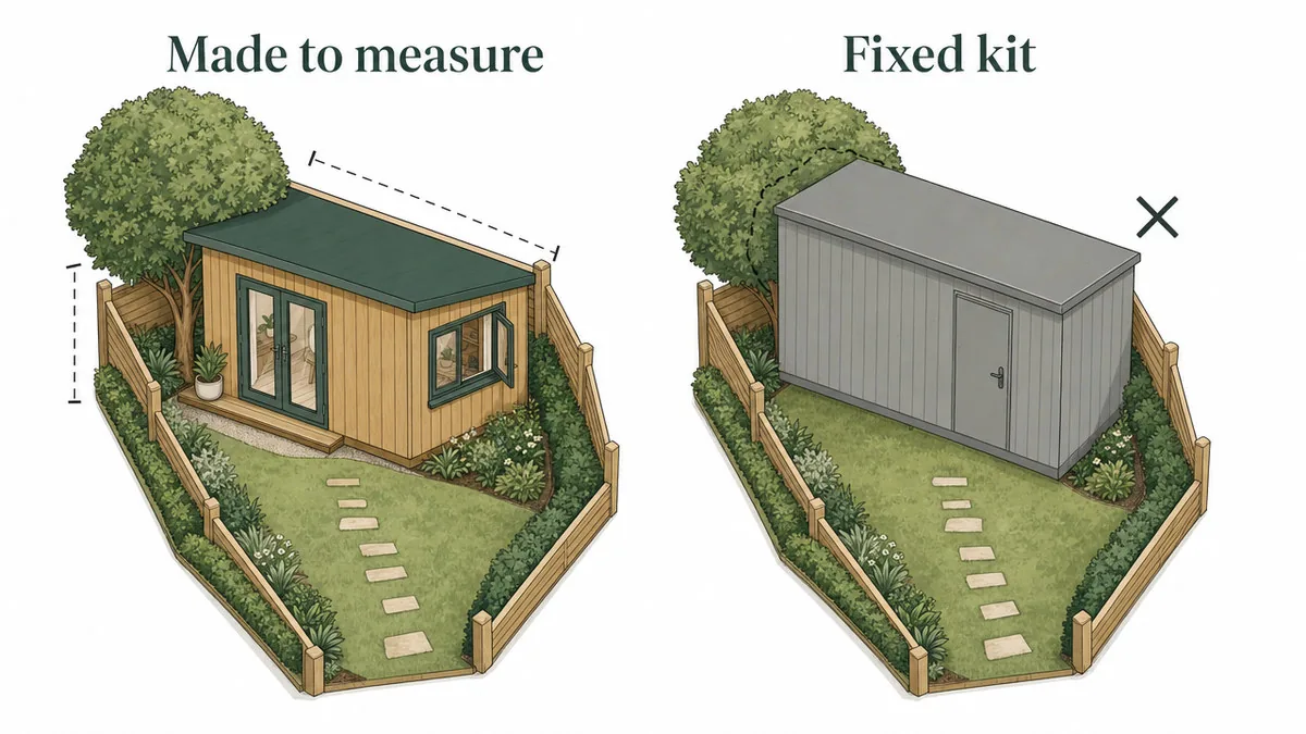 Two identical awkward garden plots: one with a room sized to fit, one with a fixed kit that does not fit.
